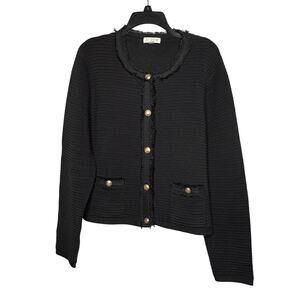 J. Crew Black Emilie Textured Stripe Quiet Luxury Preppy Sweater Jacket Size XL